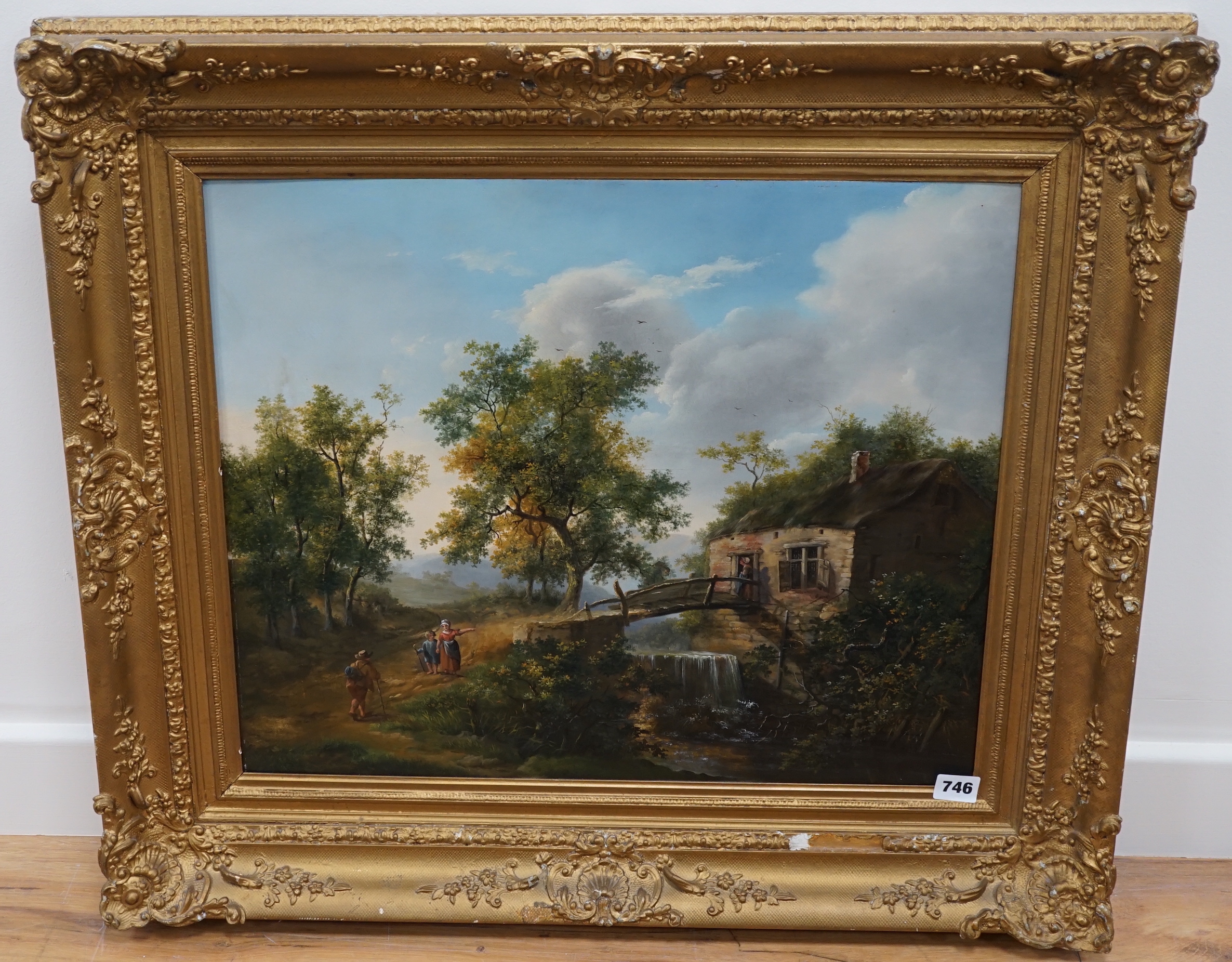 English School circa 1850, oil on panel, Landscape with mountain stream, cottage, bridge and figures on a track, 44 x 53cm